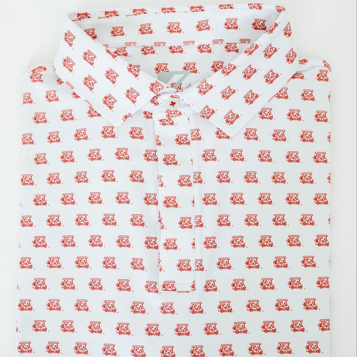 White golf polo shirt with Texas Tech Red Red Raiders golf cart pattern