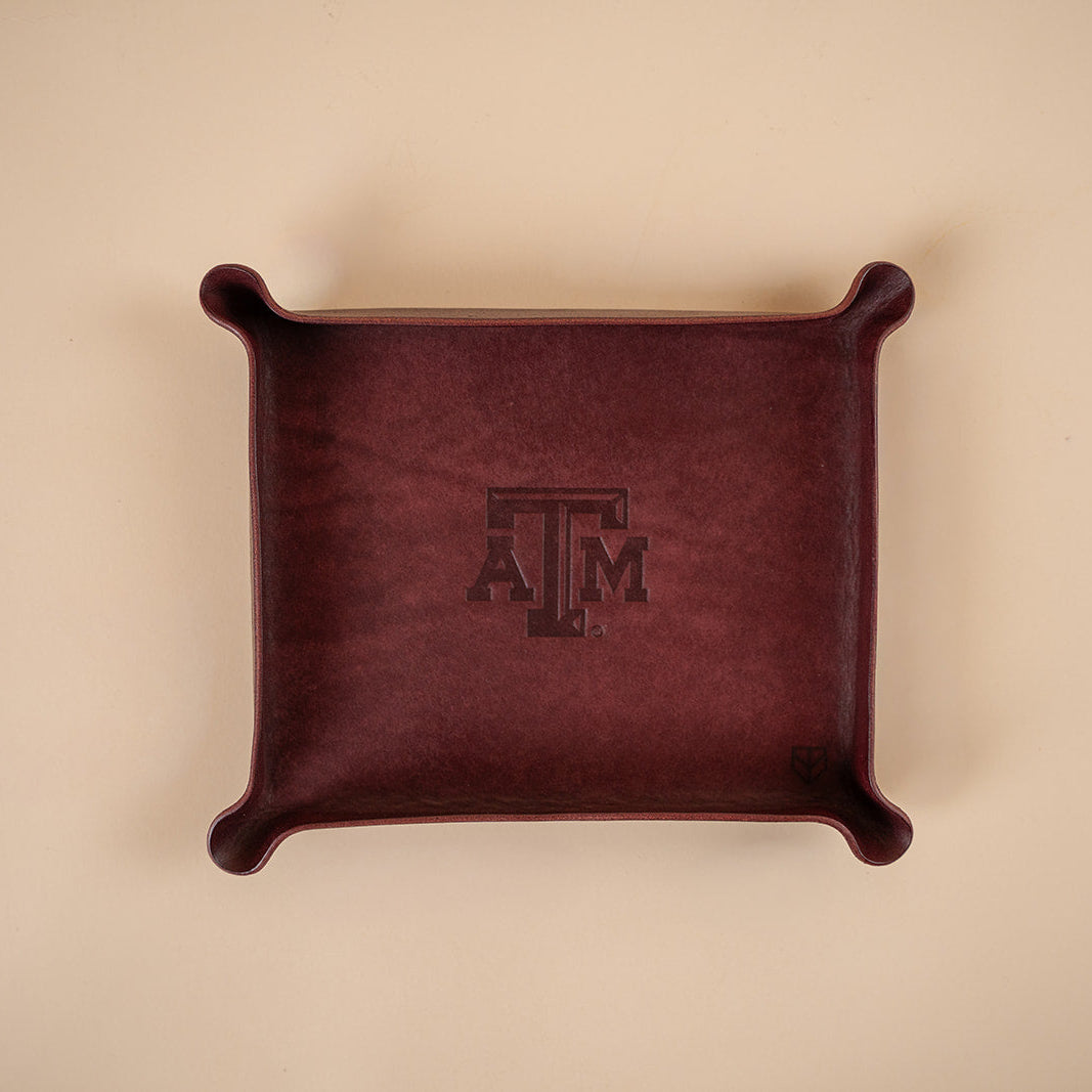 Maroon leather valet tray with Texas A&amp;M Aggies logo 