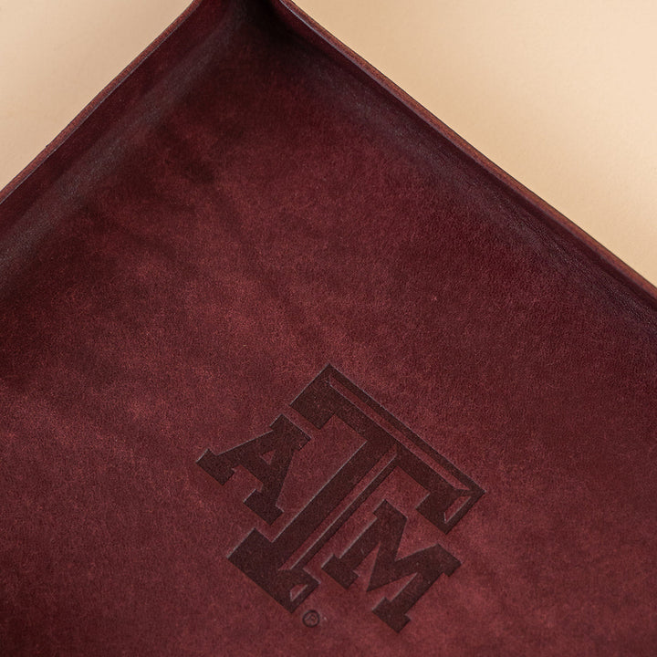 Maroon leather valet tray with Texas A&amp;M Aggies logo 